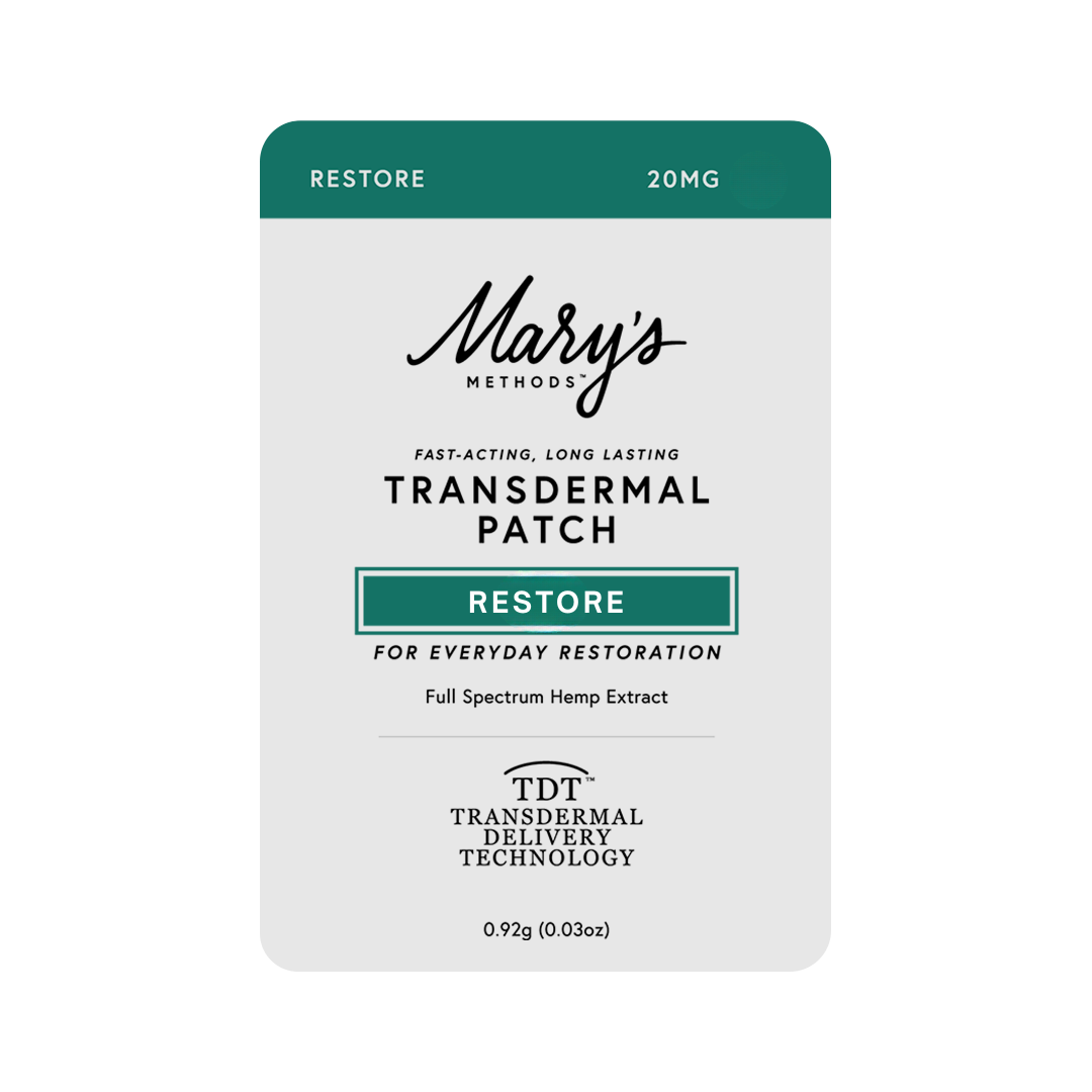 Mary's Methods Restore Transdermal Patch 20 mg teal and white packaging
