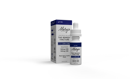 Mary's The Remedy PM Tincture bottle and packaging on a white background