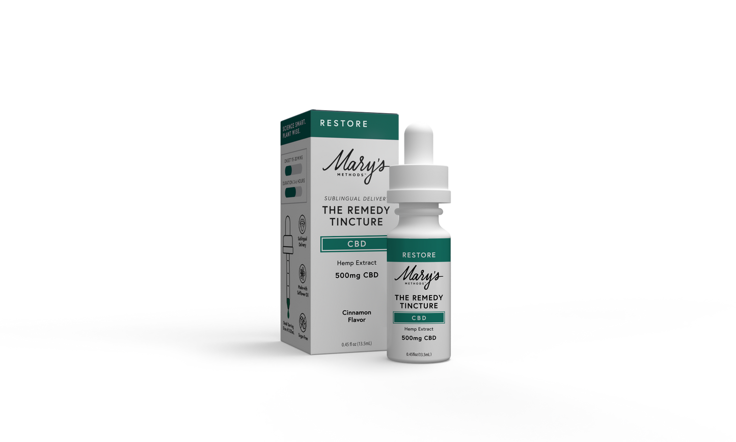 Mary's Hemp Remedy Tincture bottle and packaging on a white background