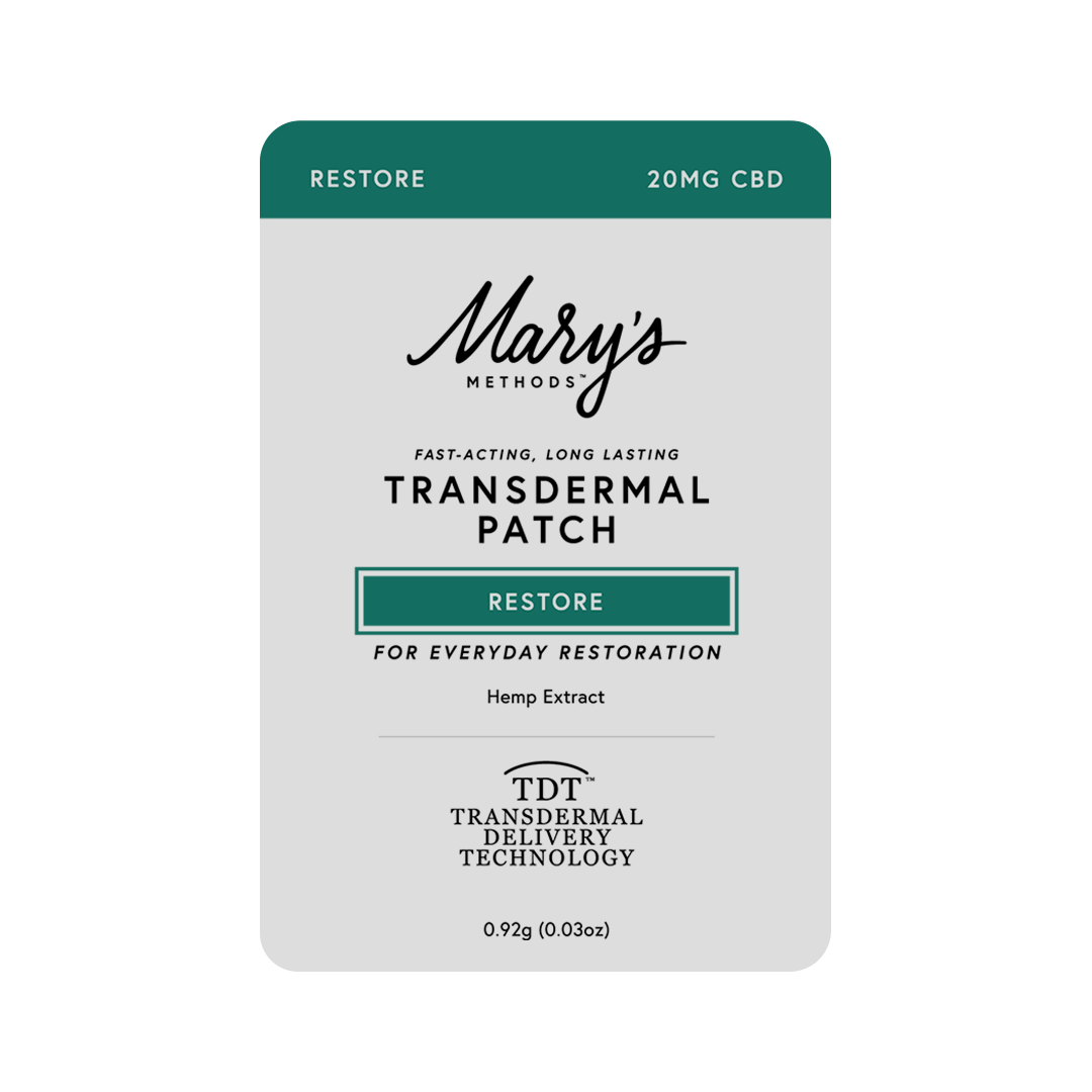 A rectangular Mary's Methods Restore Transdermal Patch CBD package on a plain white background. The packaging is light gray with dark teal accents and black text, including 'RESTORE 20MG CBD' at the top and 'Mary's Methods' in script near the center.