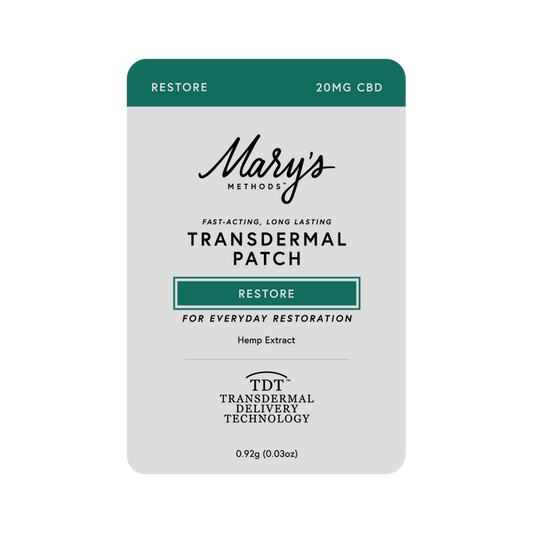 A rectangular Mary's Methods Restore Transdermal Patch CBD package on a plain white background. The packaging is light gray with dark teal accents and black text, including 'RESTORE 20MG CBD' at the top and 'Mary's Methods' in script near the center.