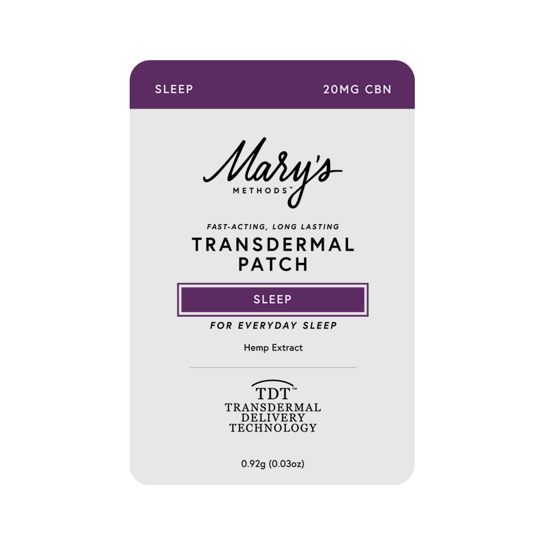 A Mary's Methods Transdermal Patch package for sleep, featuring a light gray and purple design with text indicating 20MG CBN and hemp extract.