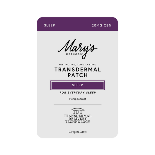 A Mary's Methods Transdermal Patch package for sleep, featuring a light gray and purple design with text indicating 20MG CBN and hemp extract.