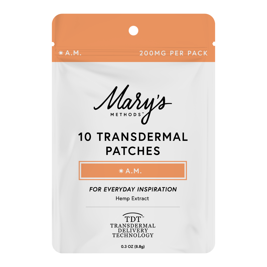 A stand-up pouch package for Mary's Methods 10 Transdermal Patches in the A.M.