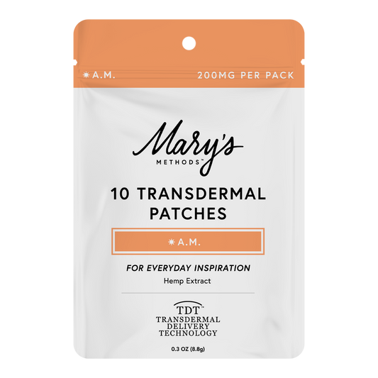 A stand-up pouch package for Mary's Methods 10 Transdermal Patches in the A.M.