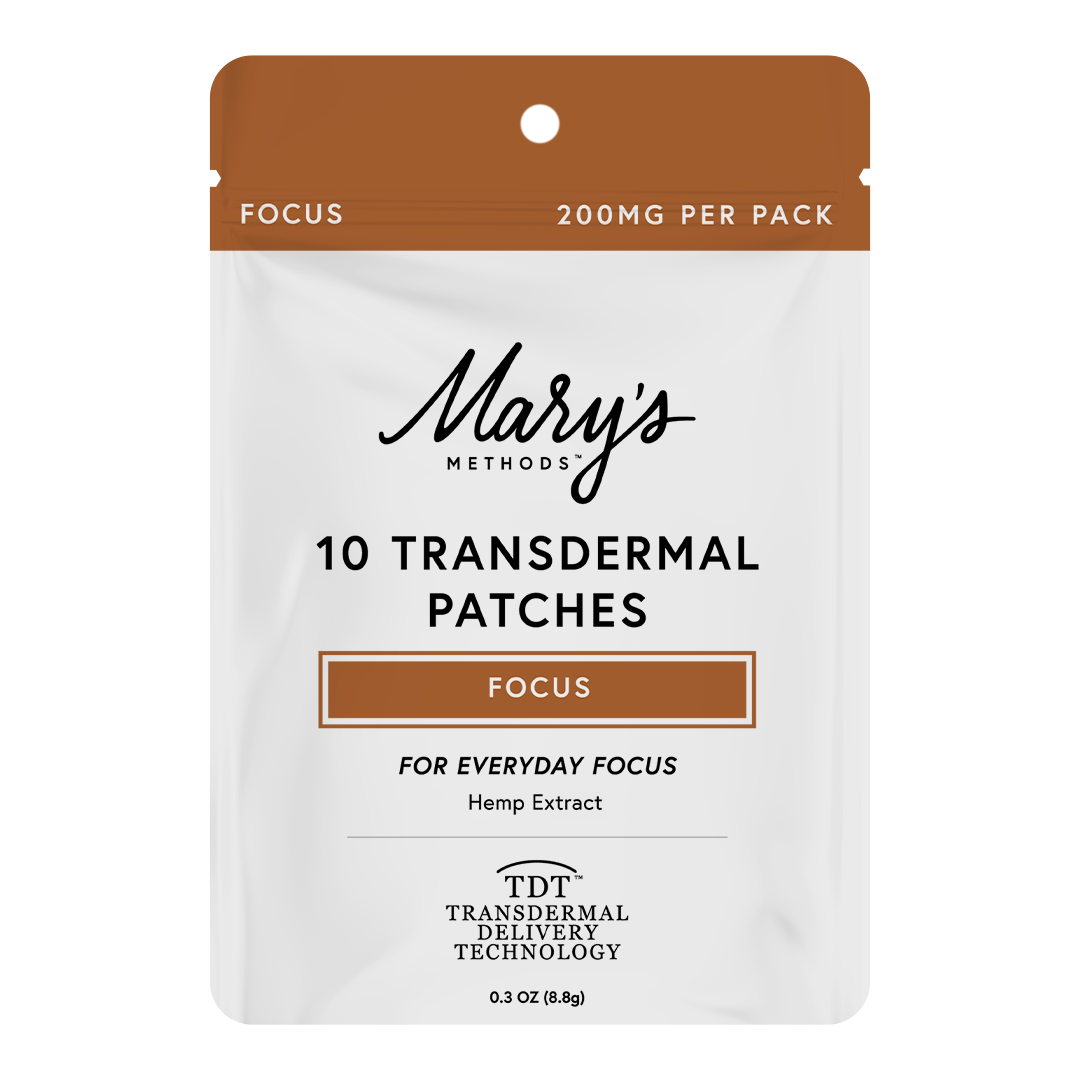 A stand-up pouch package for Mary's Methods CBG transdermal patches, with a white body, brown top panel, and black text reading '10 Transdermal Patches' and 'CBG'.