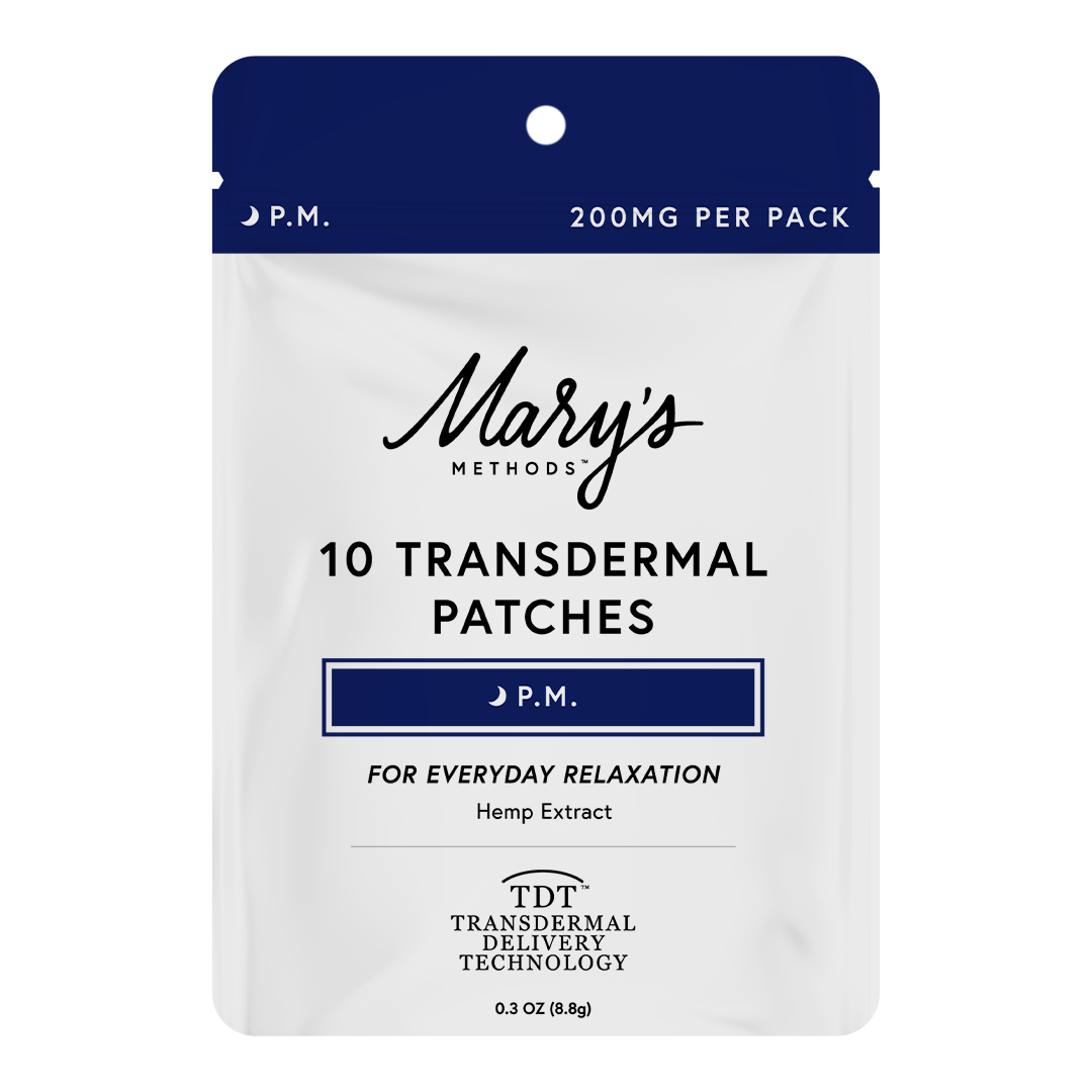 A stand-up pouch package for Mary's Methods 10 Transdermal Patches, P.M.