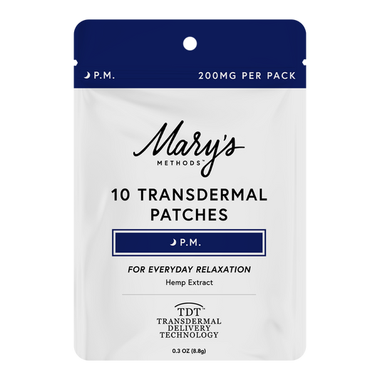 A stand-up pouch package for Mary's Methods 10 Transdermal Patches, P.M.