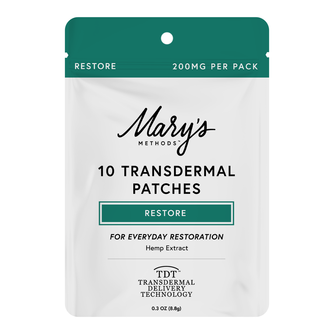 A stand-up pouch package for Mary's Methods Restore 10 Transdermal Patches, featuring a white body with a dark teal-green top band and matching accent blocks, on a plain white background.