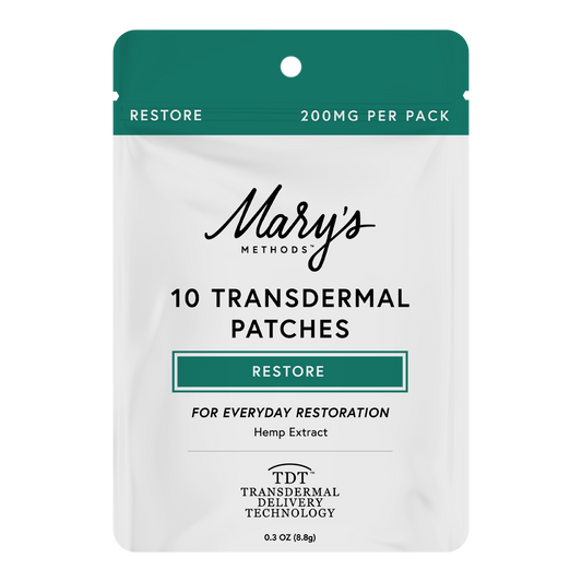A stand-up pouch package for Mary's Methods Restore 10 Transdermal Patches, featuring a white body with a dark teal-green top band and matching accent blocks, on a plain white background.