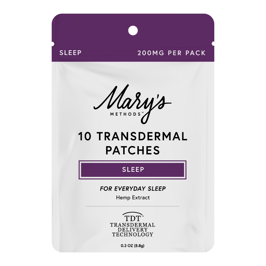 A package of Mary's Methods CBN 10 Transdermal Patches, featuring a white pouch with a purple top header and black text, on a solid white background.