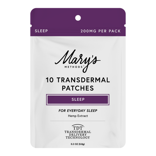 A package of Mary's Methods CBN 10 Transdermal Patches, featuring a white pouch with a purple top header and black text, on a solid white background.