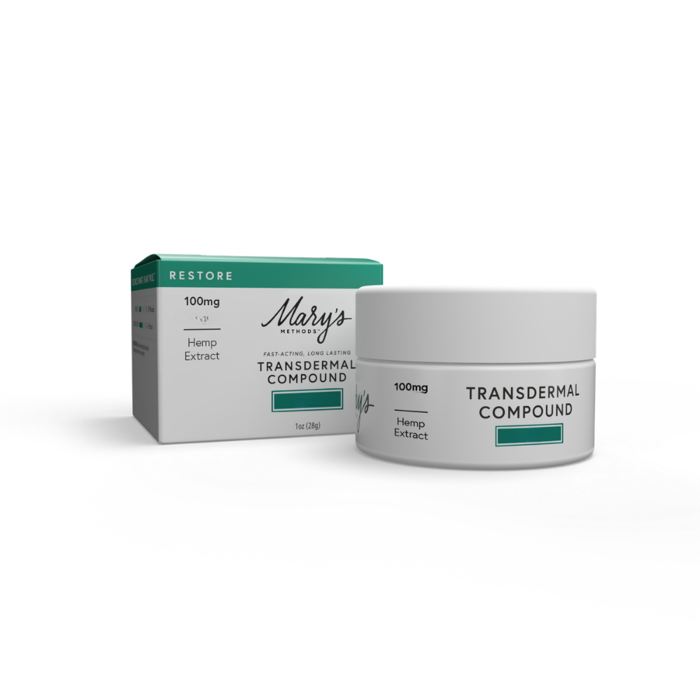 Transdermal compound jar and packaging with 'Mary's' branding on a white background